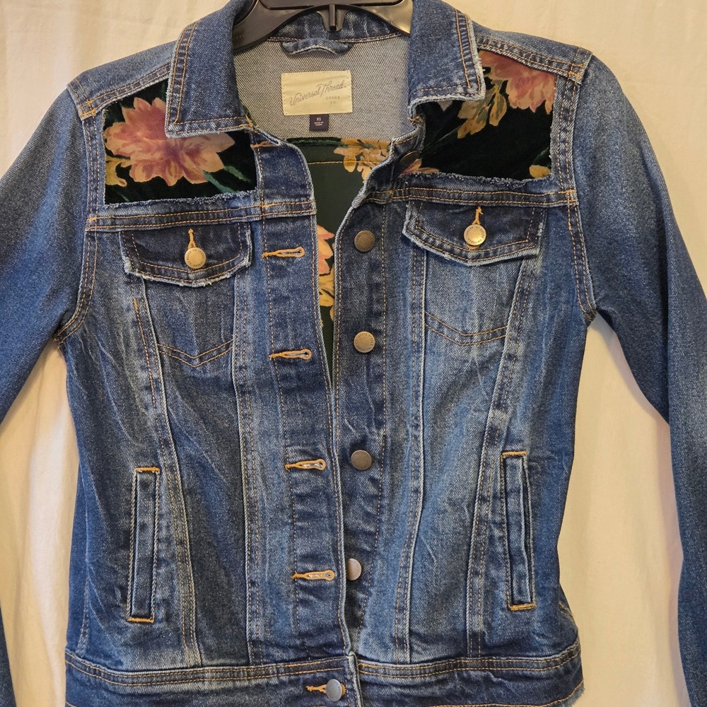 Upcycled Denim Jacket with Floral Sheer Green Panel Inlays Ruffled Sleeves XS - Picture 9 of 14